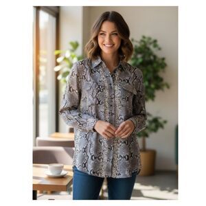 Pure Amici Blouse NWT Black Snakeskin Button Front 100% Silk Womens Size S